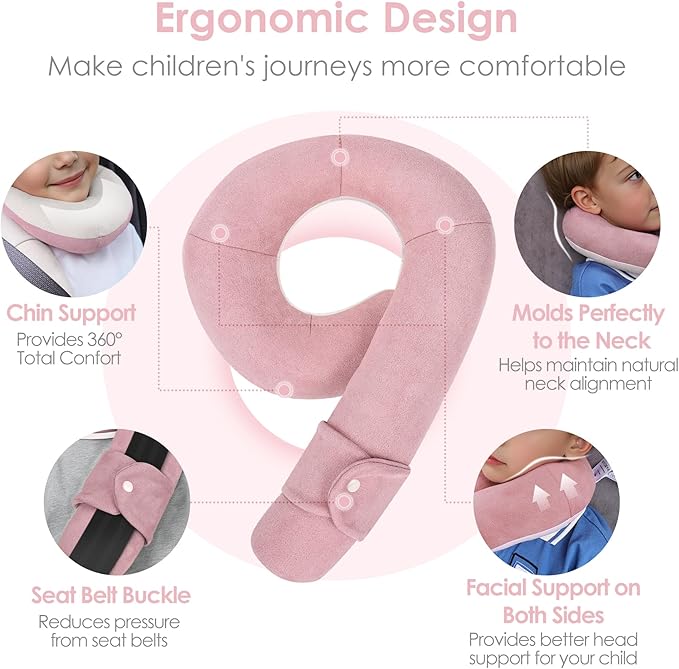 Kids Travel Neck Pillow, Toddler Travel Pillow for Car & Airplane and Head & Chin Support, Comfortably Travel Neck Pillow for Road Trip Sleeping, Gifts for Toddler/Child/Kids (Pink & Beige)