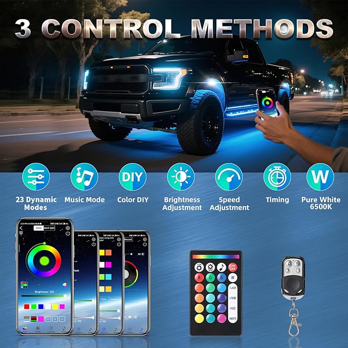6 Pods RGBW LED Rock Lights Full Kit, 6500K Pure White (Not Mixed) & RGB Underglow for UTV Golf Cart ATV RZR SXS Trucks, App/RF Remote Smart Brake Music Sync, Waterproof Neon Underbody 12V