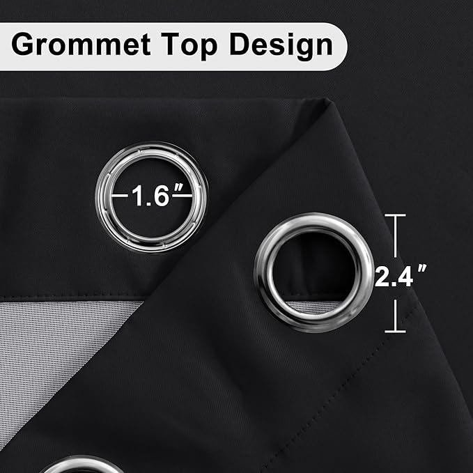 XWZO 100% Blackout Curtain Panels - Extra Wide Thermal Insulated Black Liner Curtains, Noise Reducing and Heat Blocking Drapes for Hall and Studio Windows with Tiebacks, Black, W70 x L63, Set of 2