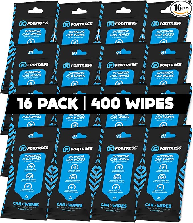 Fortress Car Interior Wipes (25 ct, Pack of 16) for Car Interior Cleaning, Dashboard, Seats, Detailing, and Steering Wheel [Travel Size] Skin-Safe Car Interior Cleaner Supplies