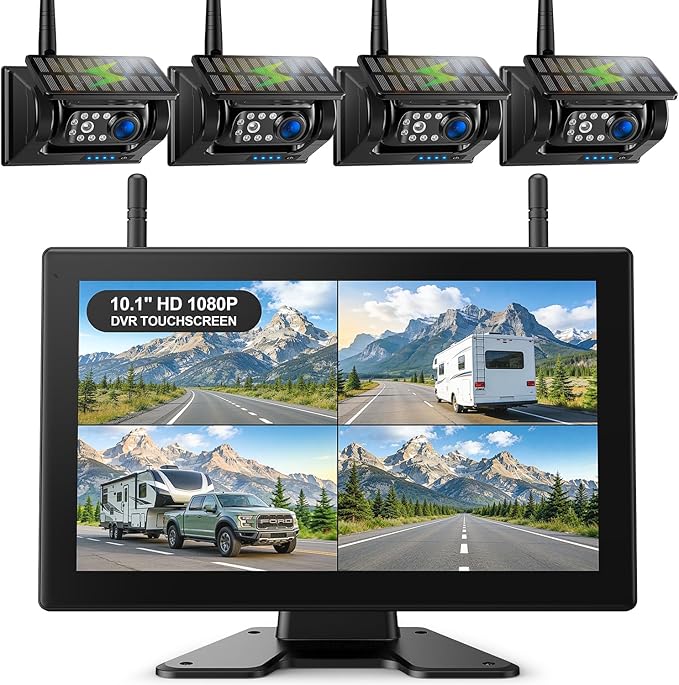 Fookoo 10.1“ Solar Magnetic Wireless Backup Camera HD 1080P DVR Touchscreen Monitor Portable 1 Min DIY Install No Drilling Rechargeable Battery Night Vision for RV Camper Trailer - DTC1004