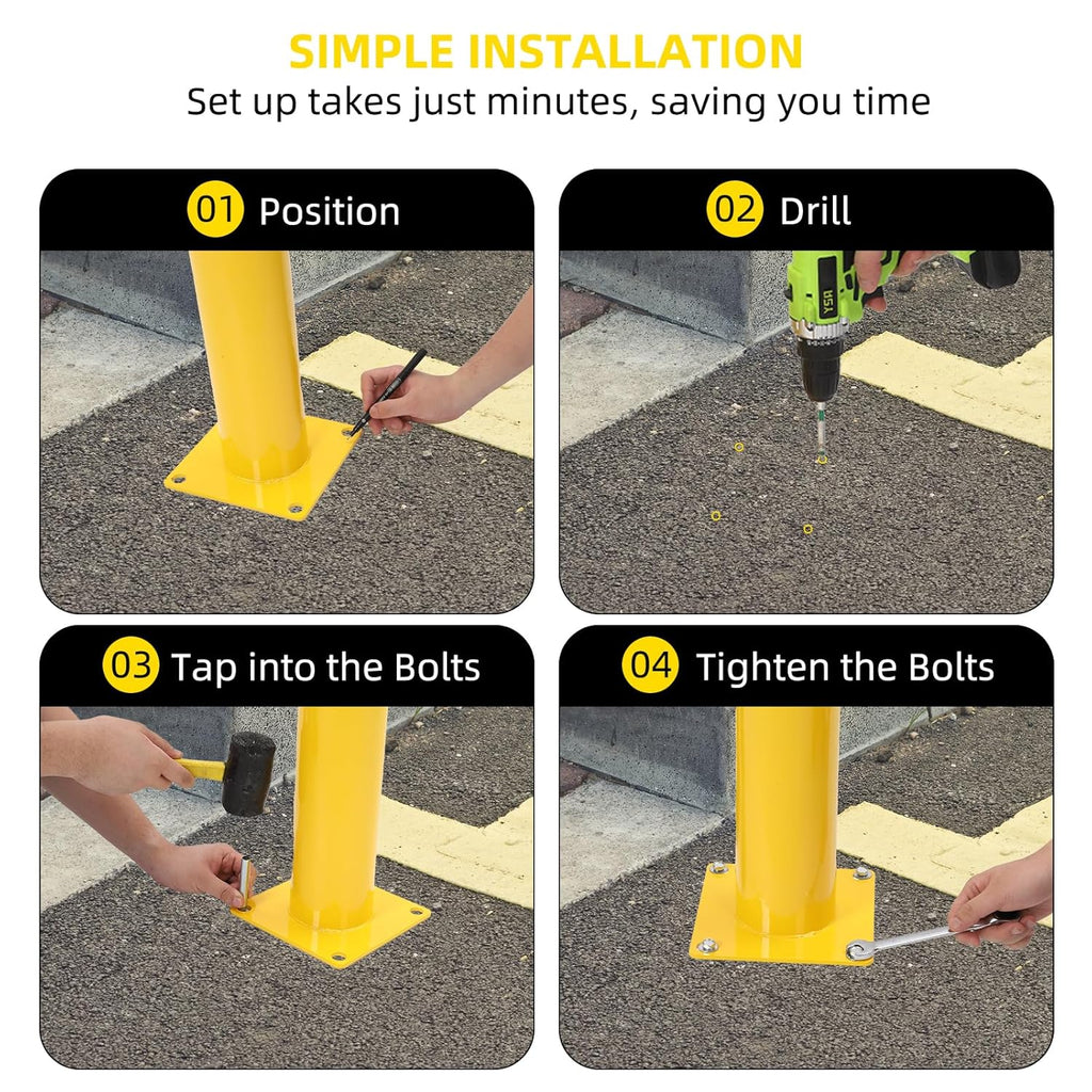 Safety Bollard 4 Packs, 48 Inch Height Steel Bollard Post for Parking Lot, 4.5 Inch Diameter Pipe, Yellow Safety Bollard Post with 8 Anchor Bolts, Ideal for Traffic-Sensitive Areas, Driveway Barrier