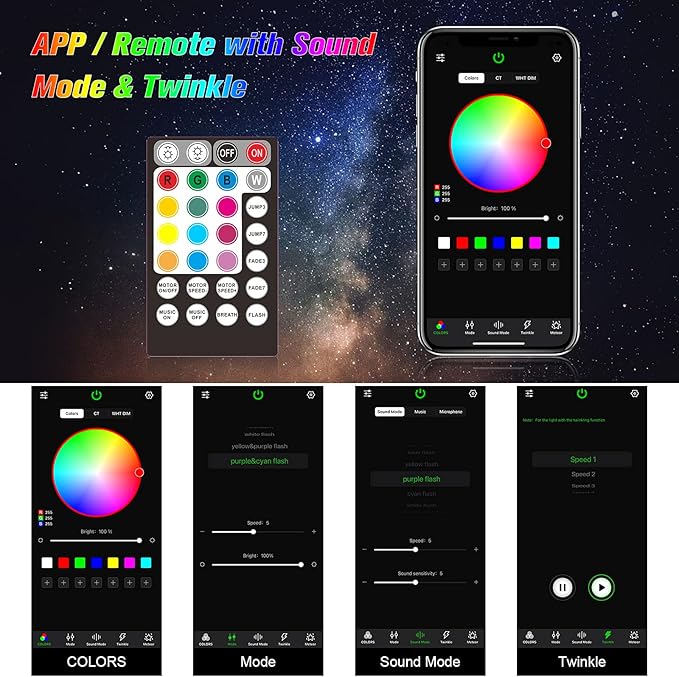 CHINLY Twinkle 300pcs 9.8ft (0.03in+0.04in+0.06in) Fiber Optic Lights Starlight Headliner kit,Music Mode Bluetooth APP Control Remote,RGBW Twinkle Star Lights for Star Headliner/Home Ceiling/Theater