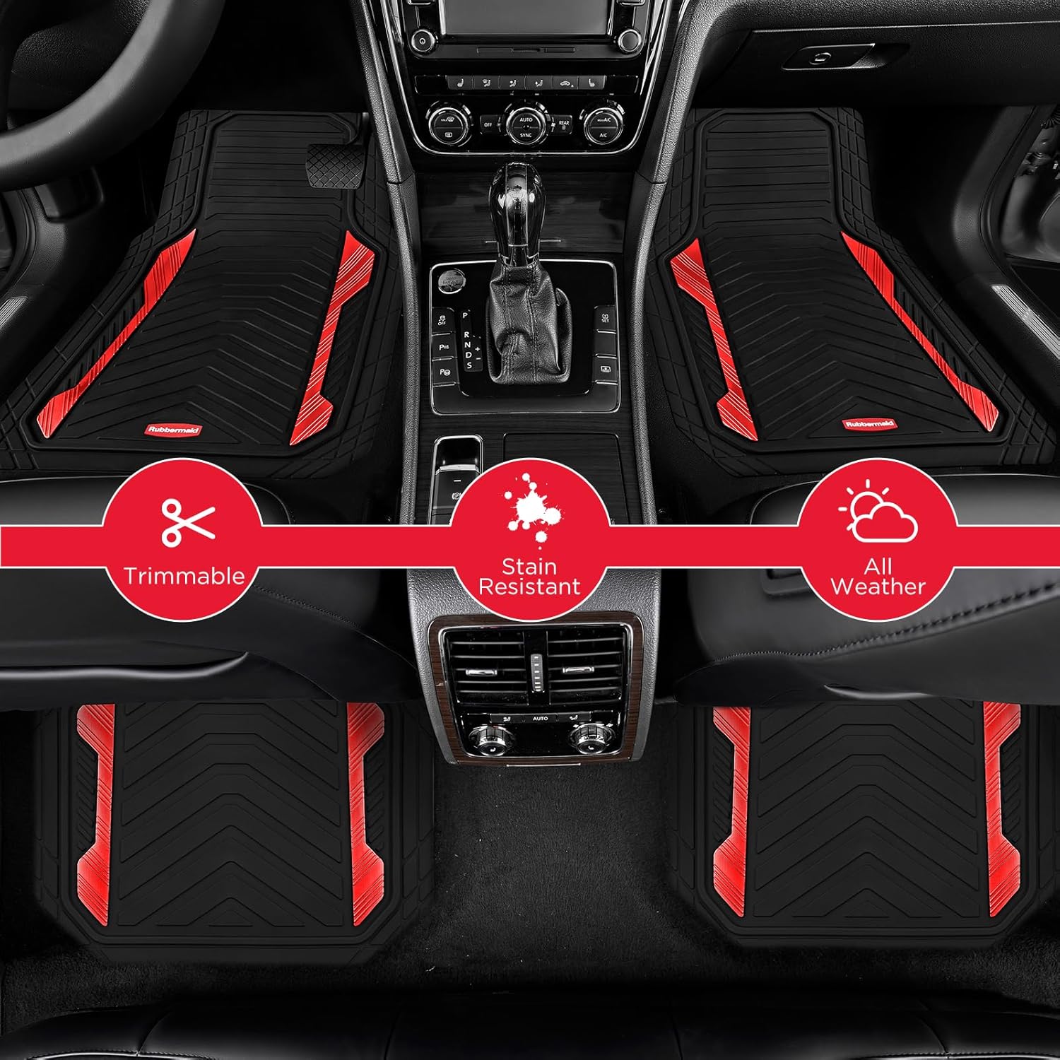 Rubbermaid Car Floor Mat, Heavy Duty All-Weather Car Mats Full Set with Dual-Tone Red Aluminum Inserts – Universal Fit, Anti-Slip Backing, Trim-to-Fit for Most SUV, Sedan, Van