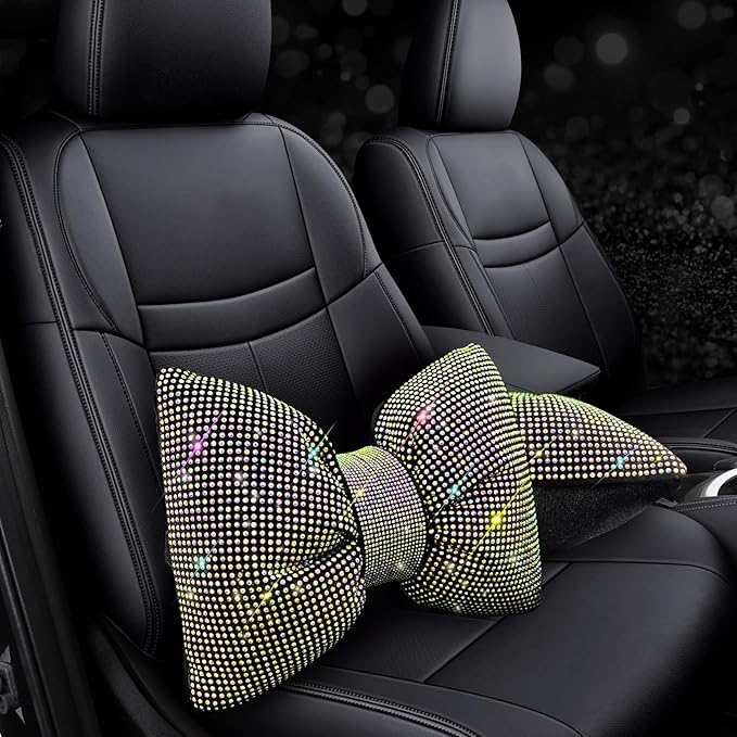 4 PCS Bling Car Pillows,Rhinestones Bowknot Car Headrest Pillow,Car Neck Pillow for Driver Relax Necksupport,Sleeping Travel Support Neck Pillow,Shiny Diamond Interior Accessories for Women, Colorful