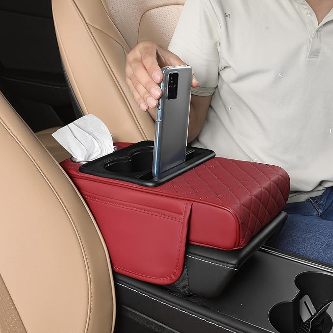 FREESOO Car Center Console Cover, Leather Armrest Cover for Car, Universal Middle Console Cushion With Storage Box, Cup Holder, Tissue Box, Phone Slot, Luxury Waterproof Interior Accessories, Wine Red