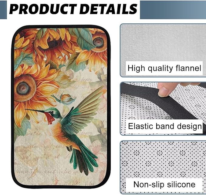 Sunflower Hummingbird Middle Console Covers Non-Slip Flannel Armrest Cover for Car Easy Install Arm Rest Lid Protector Cushion Fit for Cars Truck SUV or Vans