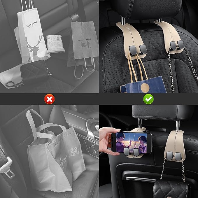 2 Pack KAFANLIN Car Headrest Hooks for Purses and Bags Cute Leather Car Seat Back Head Rest Double Hooks for Bags Cute Pink Beige Car Accessories Headrest Back Seat Handbags Hook (Black 2 Pack)