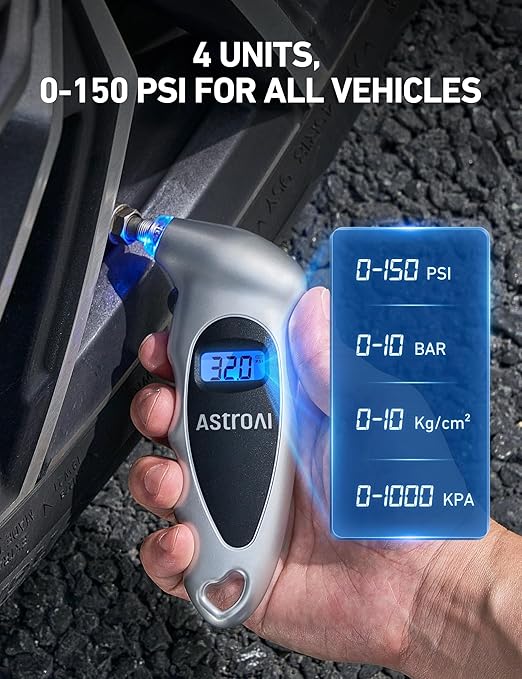AstroAI Digital Tire Pressure Gauge 0-150PSI Calibrated to ANSI B40.7 +/-1PSI, Accurate in 0.1 Increments, Tire Repair Tools 4 Pressure Measurements for Car Truck with Backlight LCD, Silver