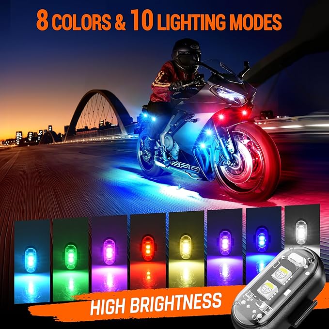 Wireless LED Strobe Lights with Remote Control, 8 Colors USB Charing Waterproof Anti-Collision Flashing Emergency Warning Lights for Car Motorcycle Drone Aircraft Bike 8PCS