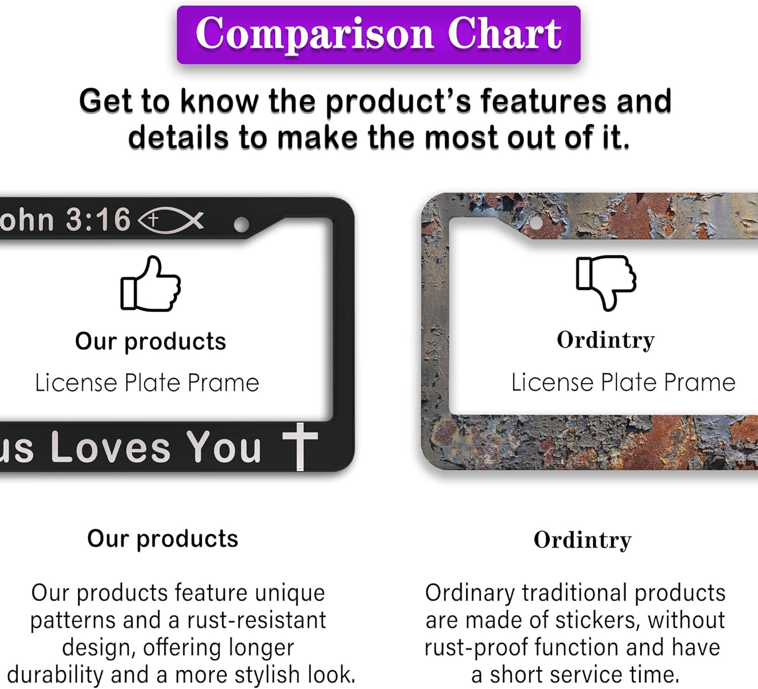 License Plate Cover Black and White License Plate Frames John 3:16 Jesus Loves You Universal Aluminum Car Accessory 2 Pack with Screw Covers Set