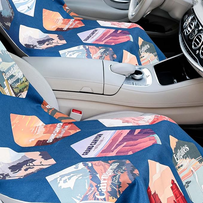 1 Pack Car Seat Towel Covers with Storage Bag 63 x 32 Inch Athletic Running Towel Seat Sweat Washable Non Slip Cover Gift for Car Outdoor Sport Activities (Multi National Parks 1)