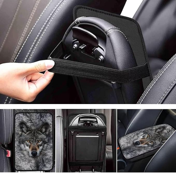 Gray Wolf Car Armrest Pad Grey Center Console Arm Rest Protector Cover Wolf Car Interior Accessories Universal SUV Vehicles Truck Van