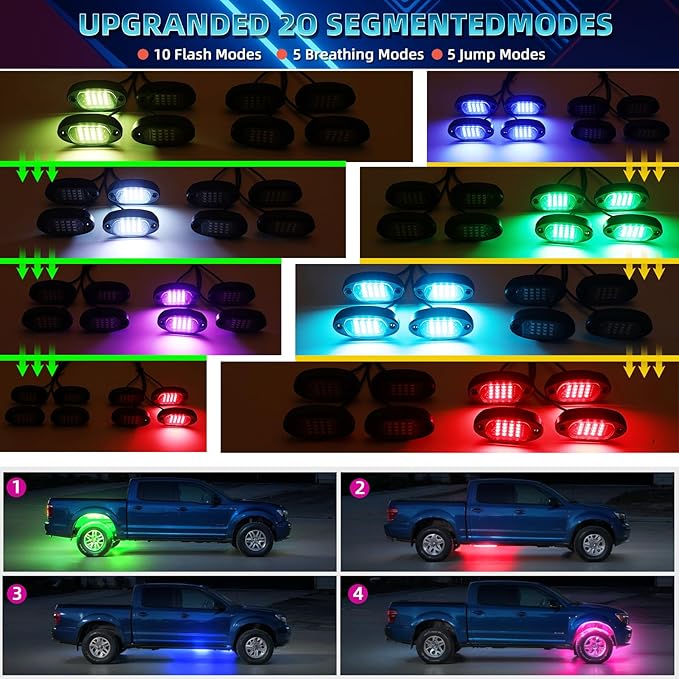 6 Pods Segmented RGB LED Rock Lights for ATV UTV RZR SXS Golf Cart Truck Off-Road Pickup, Waterproof Multicolor Neon Underglow Kit with APP/RF Remote Multi Zone Control Sync Music Red Brake Light 12V