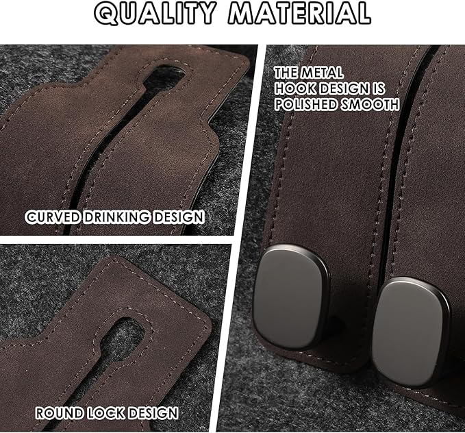 KINIVA Car Seat Headrest Storage Hooks, Set of 2, Suede PU Leather, Double Hooks (Brown-4 Pack)