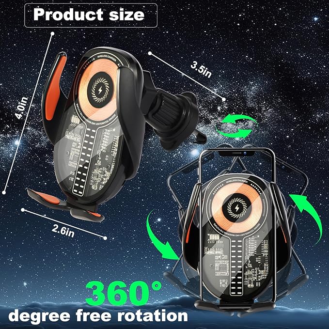 Wireless Car Charger Mount Cell Phone Holder Car - Auto Clamping 3-Axis Adjustable Phone Mount for Car Vent with 15W Fast Charging and Ultra-Thin Design Slim Profile for iPhone 16 Pro Max 16 15 14
