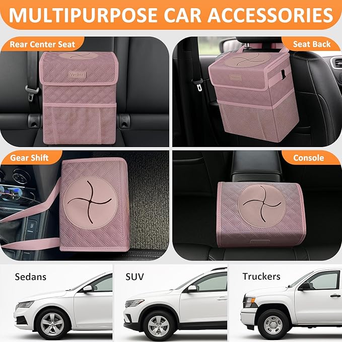 Vankor Car Trash Can Cute Trash Bag Bin Hanging Waterproof Automotive Garbage Cans Leak Proof Vehicle Trash Can Diamond Pattern-Pink