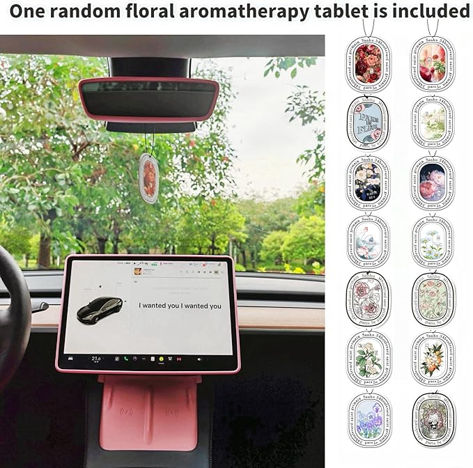 Tesla Model 3 Model Y Accessories of Screen Protector Frame + Center Console Wireless Charging Silicone Pad + Interior Rear View Mirror Cover 3pcs 3in1 (Pink)