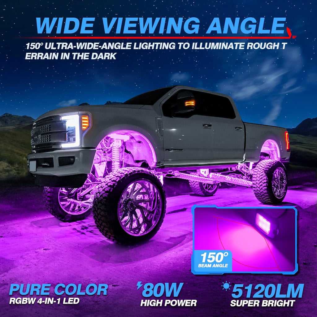 MICTUNING Q1 RGBW Rock Lights, 16 Pods Pure Color Underglow Neon Multicolor Lighting with Wiring Switch Kit, Bluetooth Controller, Remote Control, Music Mode for Trucks Car ATV UTV Golf Cart