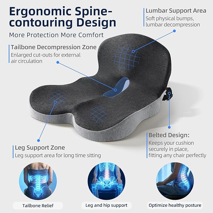 lazyzzz Memory Foam Seat Cushion, Ergonomic Office Chair Seat Cushion with Lumbar Support & Adjustable Strap, Car Seat Cushion Back Pain Relief for Truck Driver, Office Chair, Gaming Chair