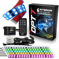 OPT7 Aura Double Row Car LED Lights Interior 6pc with Wireless Remote Control, Multicolor Mode, Sound Active Function Inside Ambient Lighting Kit, Footwell Floor Decor, Charger Adapter 12V