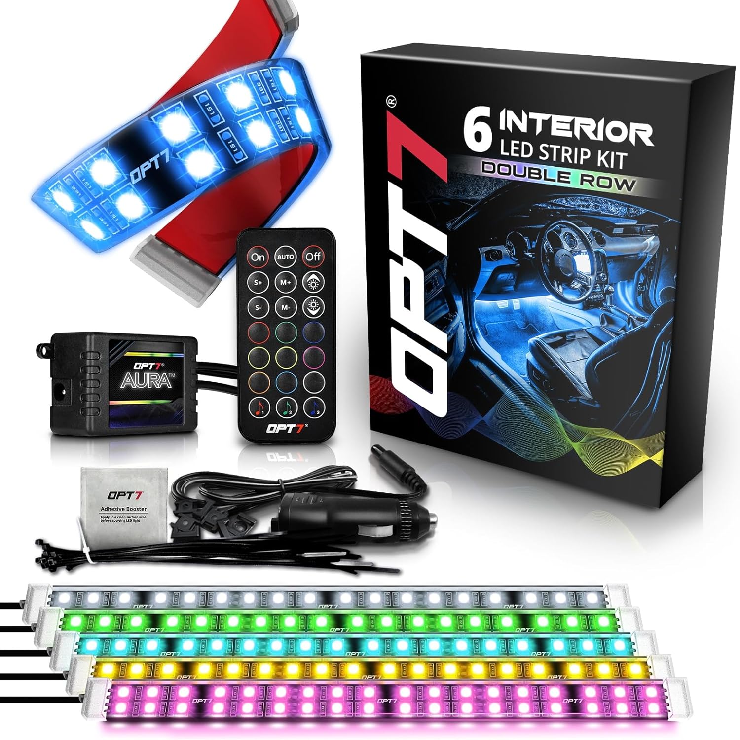 OPT7 Aura Double Row Car LED Lights Interior 6pc with Wireless Remote Control, Multicolor Mode, Sound Active Function Inside Ambient Lighting Kit, Footwell Floor Decor, Charger Adapter 12V