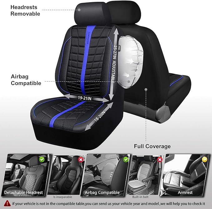 CAR PASS 3D Air Mesh Black Blue Seat Covers for Car,Leather Car Seat Cover Front Seats,Breathable Foam Premium Leather Mesh Front Seat Covers Universal Fit for Cars Sedans Trucks Vans SUVs,Black Blue