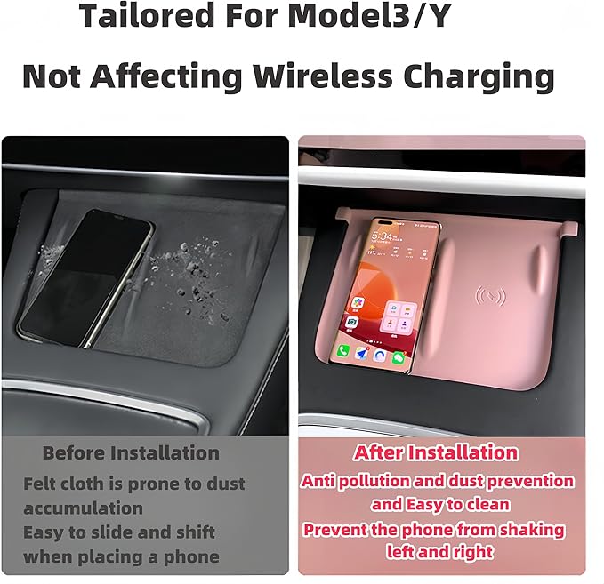 Tesla Model 3 Model Y Accessories of Screen Protector Frame + Center Console Wireless Charging Silicone Pad + Interior Rear View Mirror Cover 3pcs 3in1 (Pink)