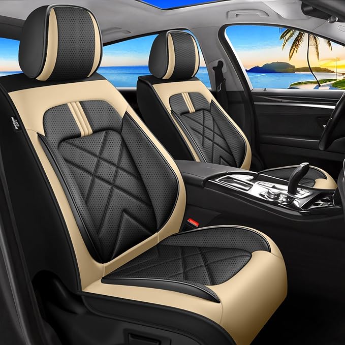 Car Seat Covers Fit for Mazda 3 2007-2026, Premium Leather, Full Coverage Leather Waterproof Breathable Seat Covers, Automotive Seat Protectors, Airbag Compatible(2 Front Seats, Black Beige)
