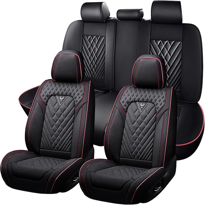 Truck Seat Covers for Ford Bronco 2021-2026, Waterproof Premium Leather Full Coverage Car Seat Cover, Muscle Sport Style Auto Interior Seat Cover Sets (Full Set/Black Red)