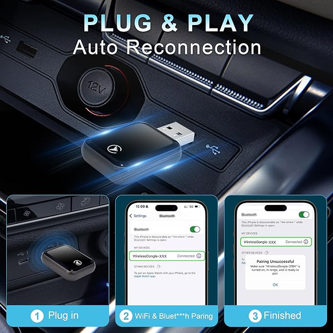 2 in 1 Wireless CarPlay Adapter for iPhone iOS 10+, Android Auto Adapter for Android 11+ Converts Wired to Wireless CarPlay Compatible with 800+ Car Models (2016+)