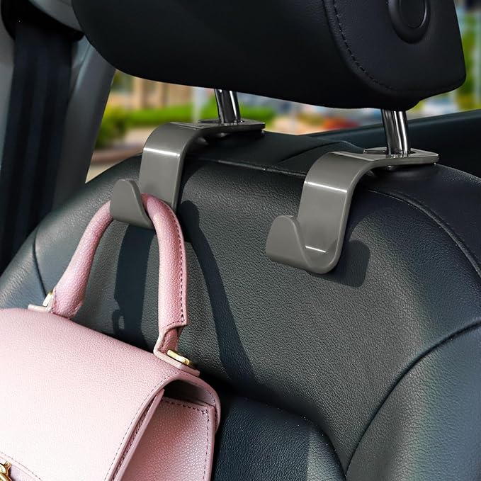 Soleebee 4 Pack Car Headrest Hooks - Universal Auto Hooks, Back Seat Hangers, Storage Organizer (Grey)