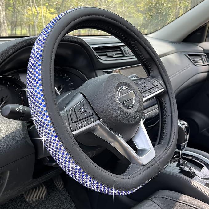 PINCTROT D Shaped Bling Comfy Steering Wheel Cover with Jumbo Crystal Rhinestones, Anti-Slip Diamond Leather, Flat Bottom 14.5-15 Inch (Blue)