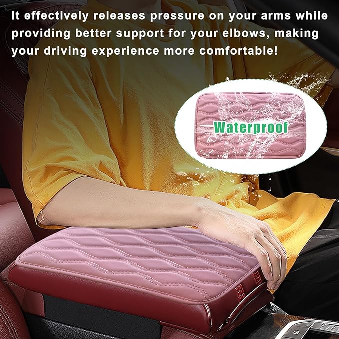 Car Center Console Pad, Waterproof Auto Armrest Seat Box Cover, PU Leather Arm Rest Protector Cushion Pad, Universal Vehicle Interior Protection Accessories for Car SUV (Pink)