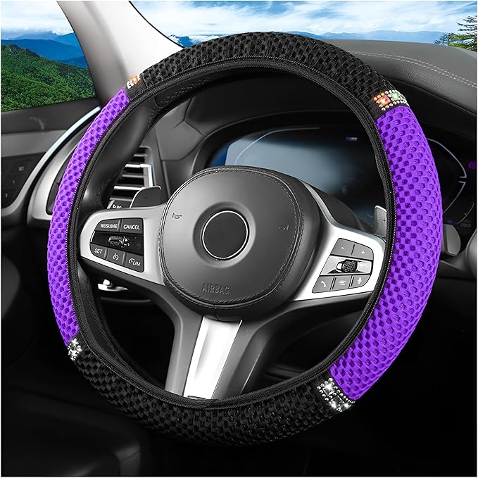 Bling Car Steering Wheel Cover, 15 Inch Crystal Rhinestones Elastic Stretch Breathable Vehicle Steering Wheel Protector for Women Girls, Universal Auto Interior Accessories (Black Purple)