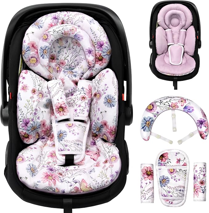 Infant Car Seat Insert with Extra Cushion for Preemie to Toddler, Reversible Newborn Carseat Insert for Baby Head Body Support, Fits for Stroller, Baby Swing, Bouncer (Purple Wildflower)
