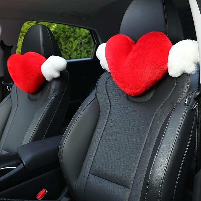 2 Pack Heart Shaped Cute Car Headrest Pillow with Angel Wings - Comfortable Soft Head Rest Cushion Kawaii Car Accessories Neck Pillow for Driving Travelling Office Home Decor - Red Love Heart
