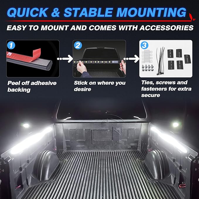 MICTUNING 2Pcs 60 Inch White LED Cargo Truck Bed Light Strip Lamp Waterproof Lighting Kit with On-Off Switch Fuse 2-Way Splitter Cable Compatible with Pickup RV SUV and More