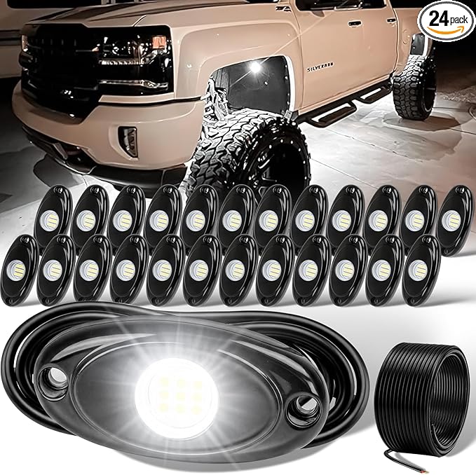 YONEDA 24 Pods White Rock Lights 6000K 9LED Ultra Bright LED Underglow Lights IP68 Waterproof for Trucks SUV UTV ATV RZR Car Boats Pickup Motorcycle with 39.37ft Extension Wire