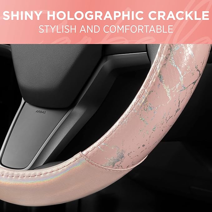 Carbella Pink Holo Bling Steering Wheel Cover, Standard 15 Inch Size Fits Most Vehicles, Cute Shiny Crackle Car Steering Cover with Holographic Foil Glitter Like Detail, Car Accessories for Women