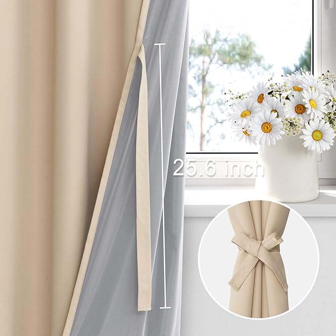 XWZO Complete Blackout Shades Window Curtain Panels with Tiebacks- Noise Reduction and Light Blocking Grommet Curtains with Black Liner for Studio, Basement Room, Biscotti Beige, W42 x L45, Set of 2