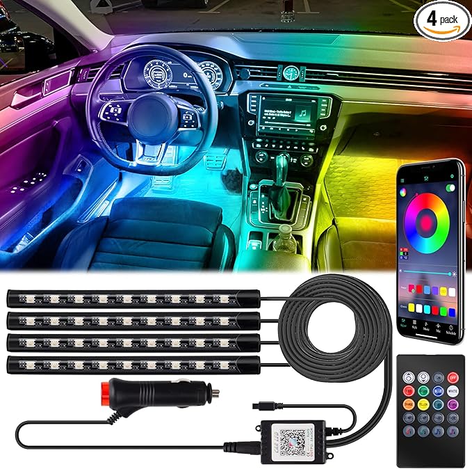 BFXM Car Interior Lights, 12V LED Strip Lights with Cigarette Lighter Adapter, Ambient Lighting Car Accessories, App & Remote Control Music Sync Color Change Lights for Truck Car Decor (36LED Beads)