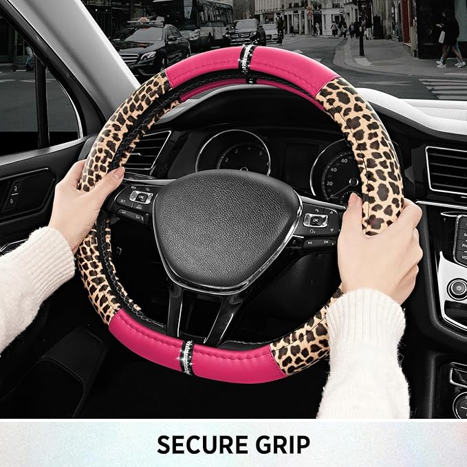 Road Comforts Leopard Steering Wheel Cover - Made with PVC Leather Cheetah Print, D-Shaped Automotive Steering Wheels - Anti-Slip, Universal Fit 14 1/2 inches to 15 inches - HotPink