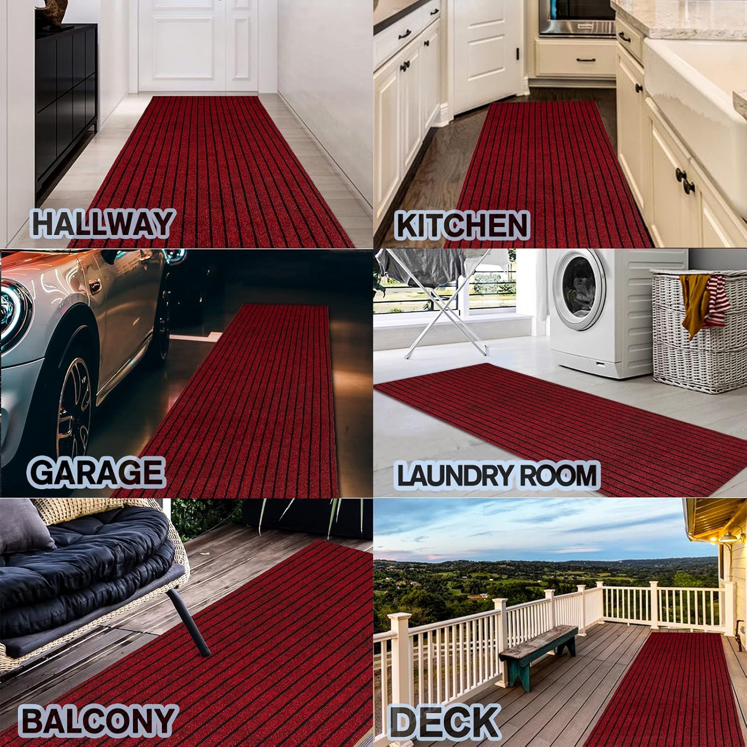 Custom Size Backed Non-Slip Area Rugs Runner, Easy Clean, Waterproof Runner Rugs for Hallway Entryway, Kitchen, Laundry, 3FT x 23FT, Red Stripe
