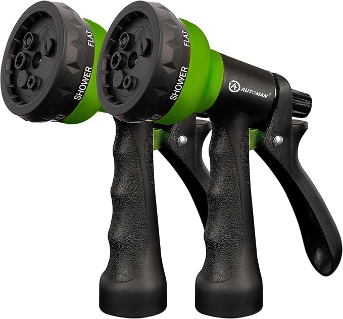 AUTOMAN-Garden-Hose-Nozzle, 2 Pack ABS Water Spray Nozzle with Heavy Duty 7 Adjustable Watering Patterns,Slip Resistant for Watering Plants,Lawn& Garden,Washing Cars,Cleaning,Showering Pets - Green