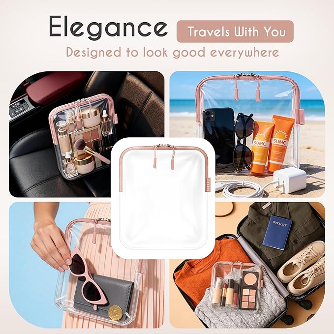 BORSALI TSA Approved Toiletry Bag - Clear Quart Size for 3-1-1 LIquids for Carry On Travel - Toiletries Organizer - Cosmetic Pouch with Zipper - Travel Accessories - Rose