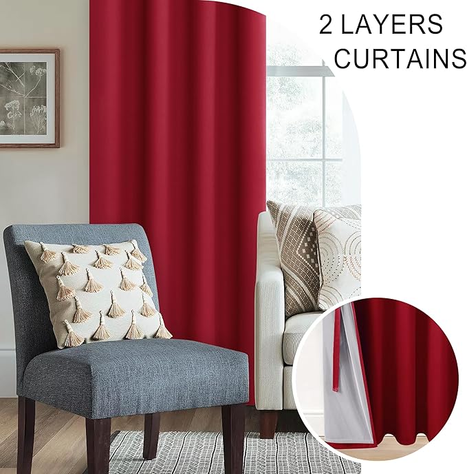 XWZO 100% Blackout Curtains 63 Inches Length - Heat and Light Blocking Ring Top Window Drapes with Black Liner Backing for Bedroom Sewn with Tiebacks, Christmas Red, W38 x L63, Set of 2