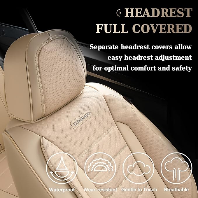 Coverado Car Seat Covers Front Seats, Car Seat Cover Beige, Car Seat Protector, Car Seat Cushion Nappa Leather, 2-Pack Waterproof Seat Covers Carseat Cover Universal Fit for Most Cars Trucks