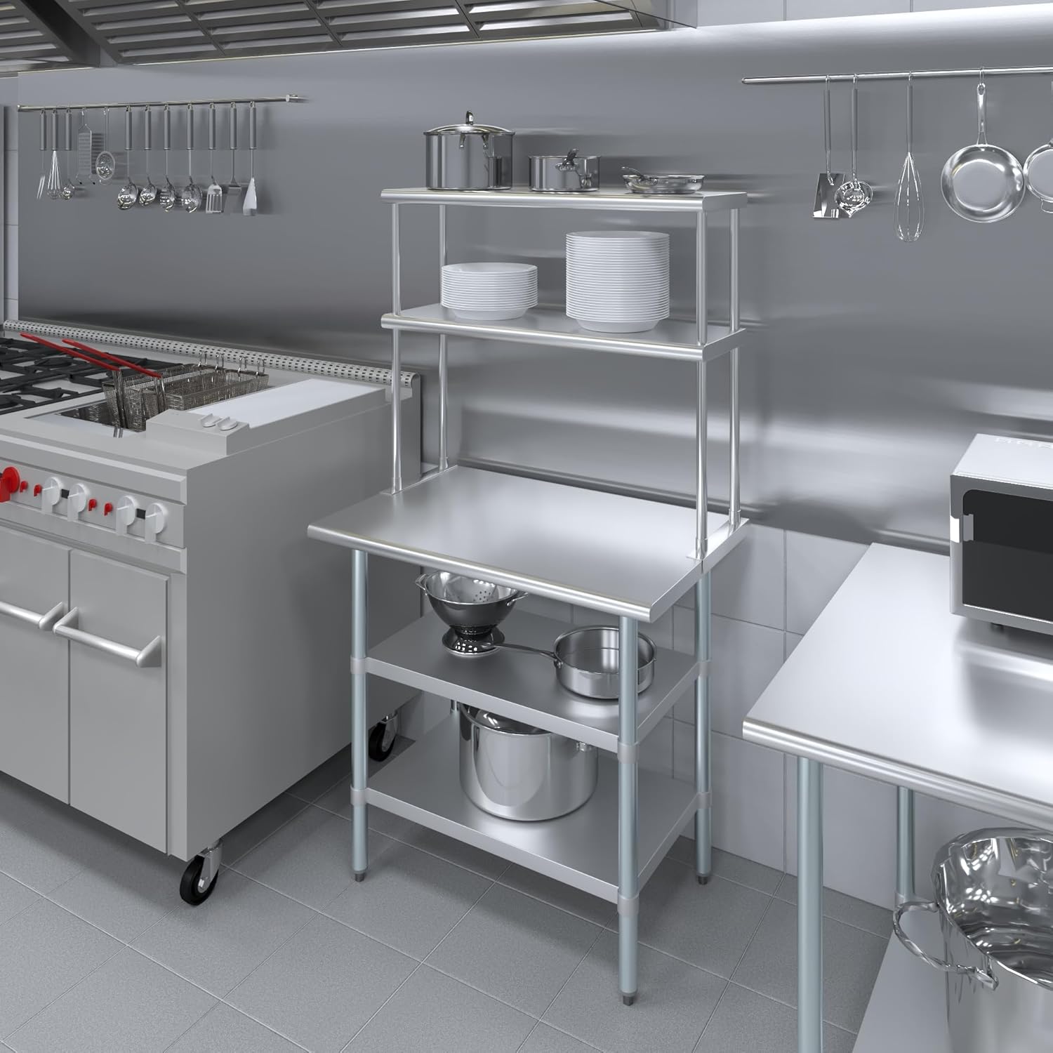 AmGood Stainless Steel Work Table with 2 Shelves | 24" x 36" Table with 2 Shelves + 12" Overshelf
