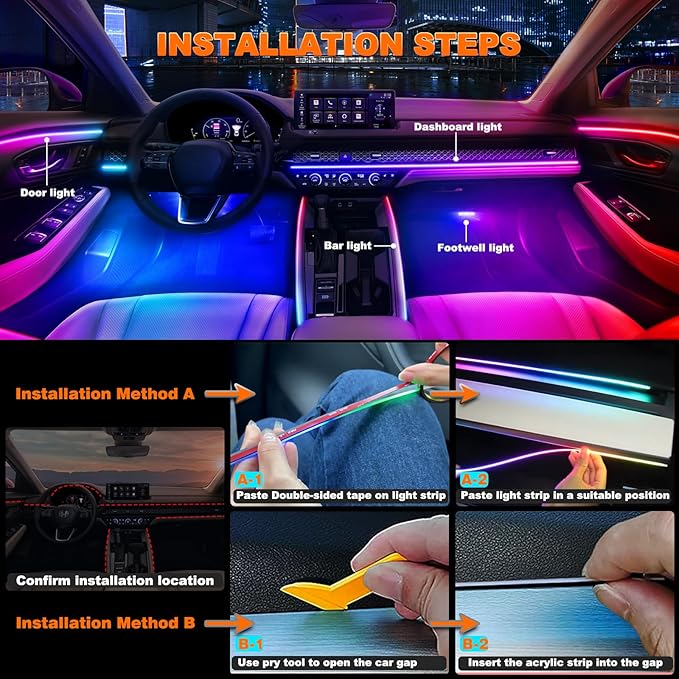 Jushope Interior Car LED Strip Lights, Acrylic LED Lights for Car with Dynamic Dreamcolor Chasing, Ambient Lighting Kits Music Sync Wireless APP and RF Remote Control (8 in 1)